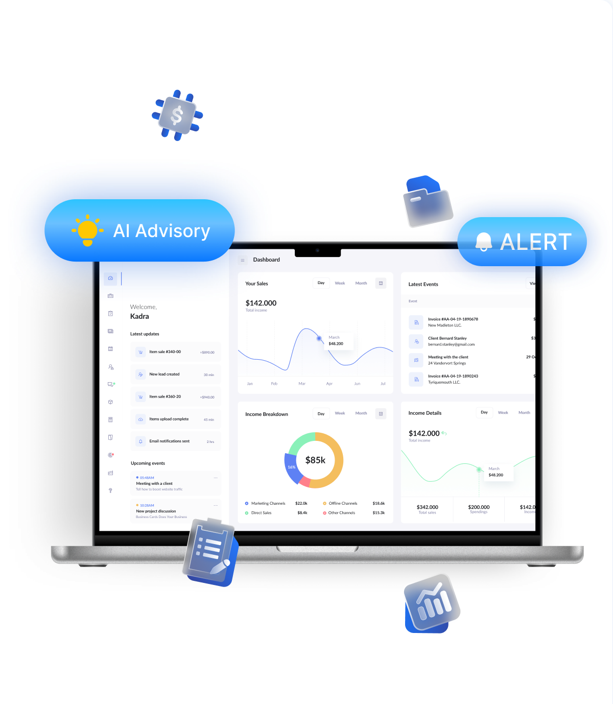 Kadra DigiWork dashboard on a laptop with AI Advisory and Alert badges